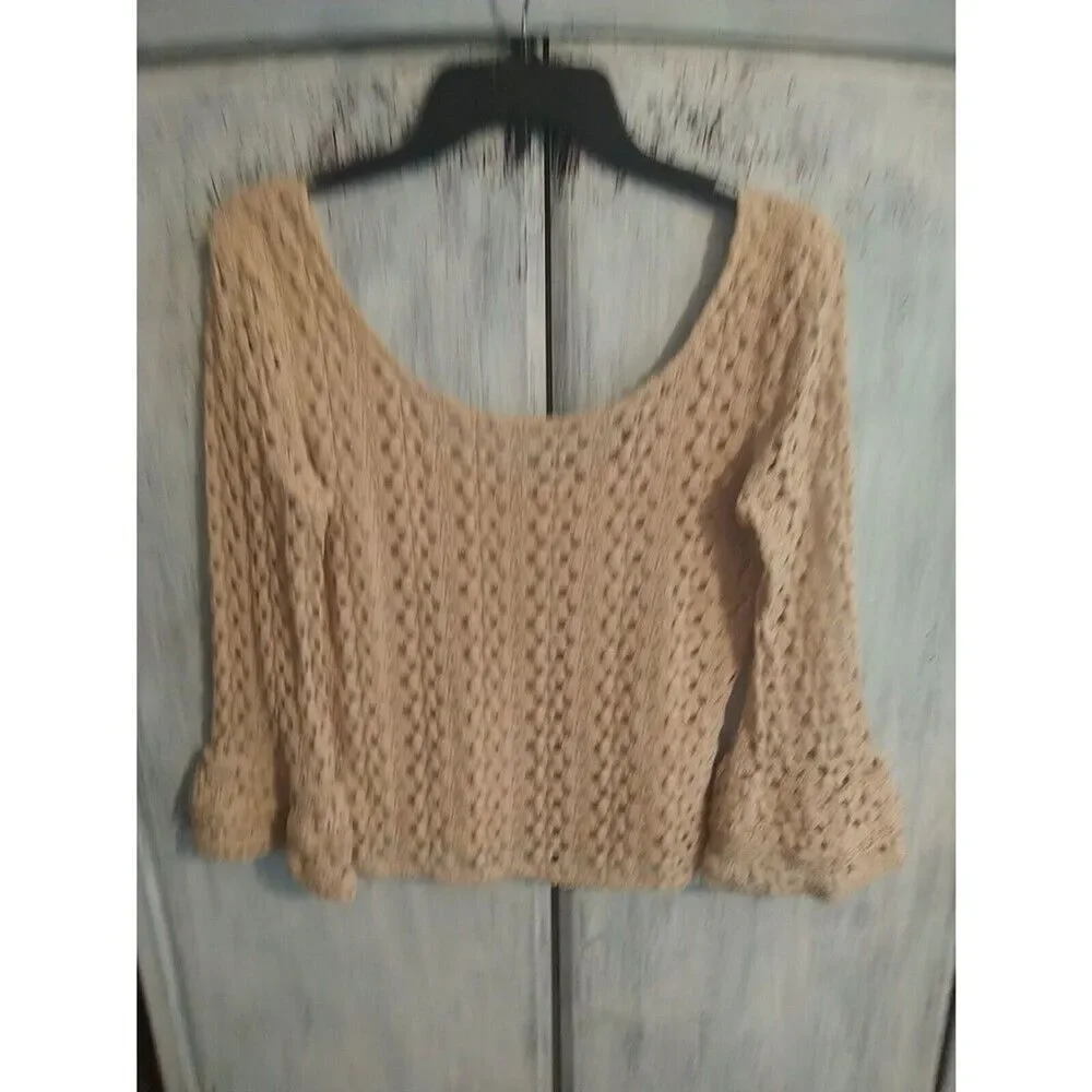 Free People Crocheted Flared Sleeve Top Small Beige Boho Cottage Core Y2k